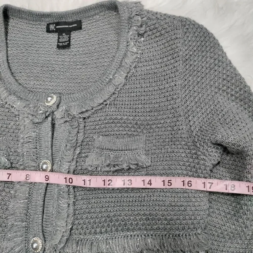 INC International Concepts Gray Silver Speckles Fringe Trim Knit Cardigan XL - Picture 10 of 12